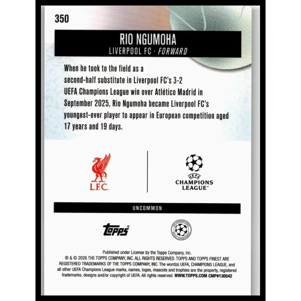 2025-26 Finest UEFA Rio Ngumoha #350 Liverpool Uncommon Rookie